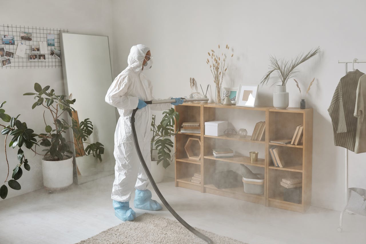 Person in protective suit disinfecting indoor space with fumigation equipment.