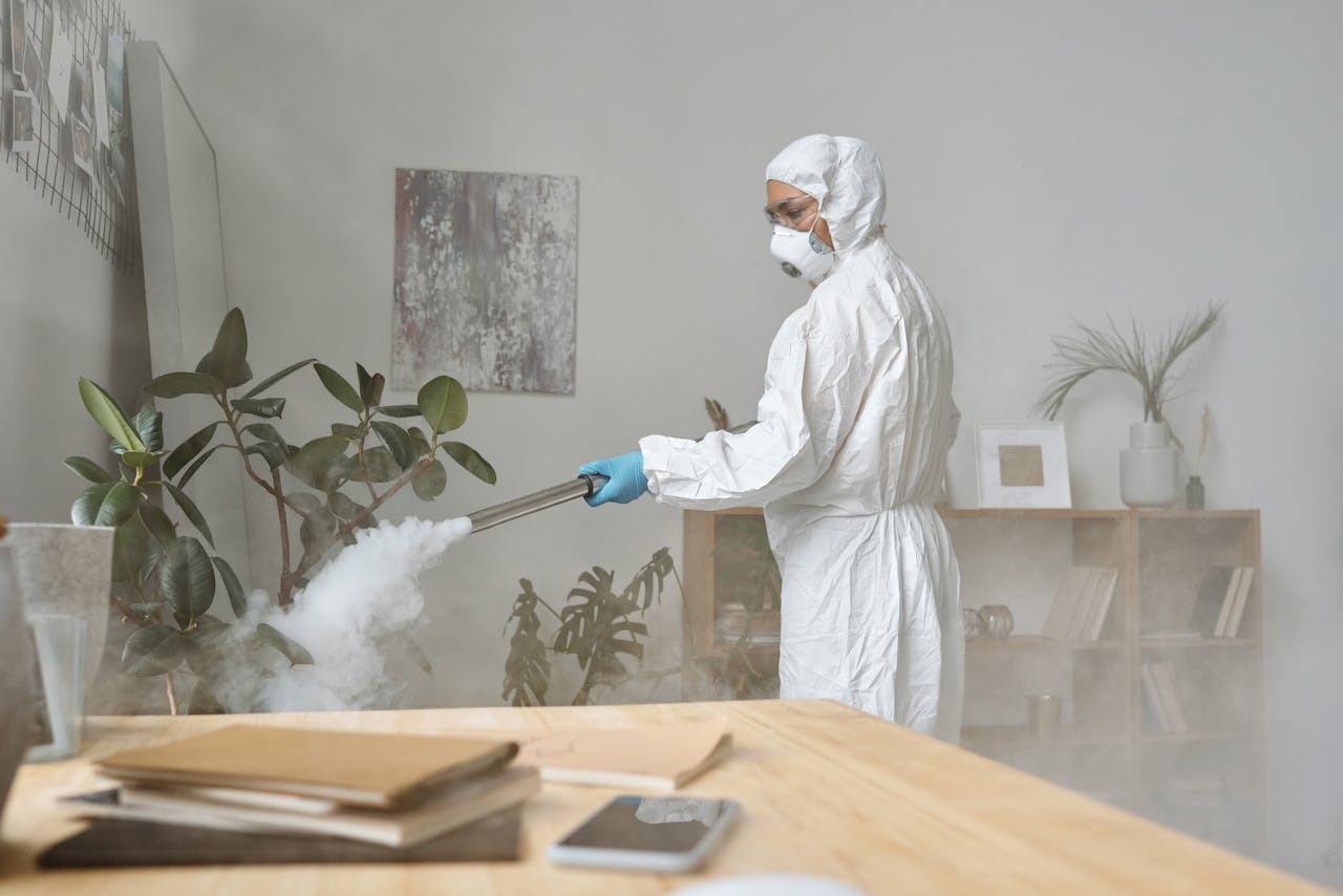 A person in protective gear fumigating a room with indoor plants and furniture, ensuring cleanliness.